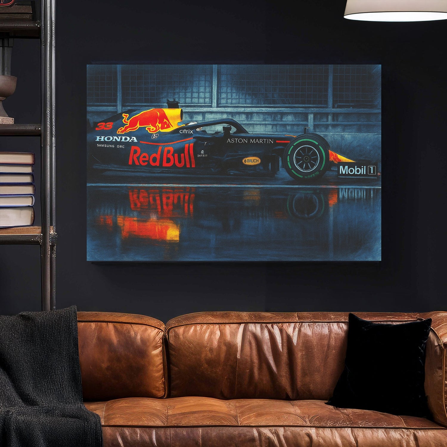 Red Bull Formula 1 car on wet track wall art with reflection