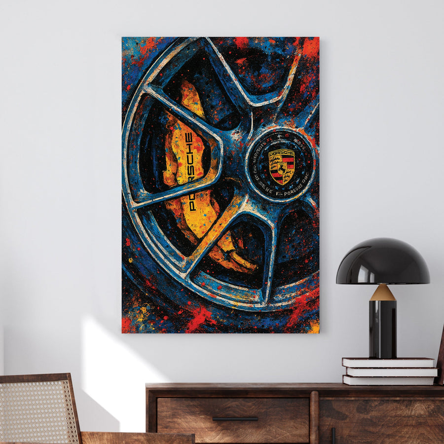 Close-up Porsche wheel with yellow brake wall art in abstract paint style
