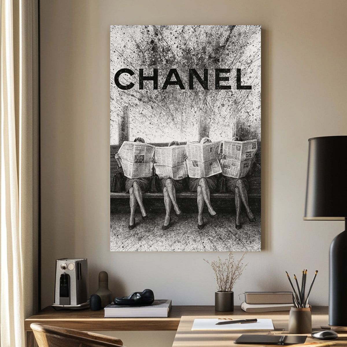 Chanel fashion-inspired wall art with women reading newspapers in black and white