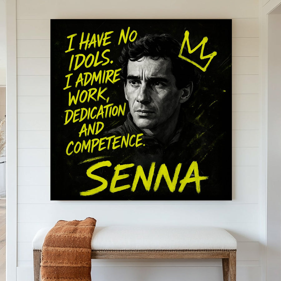 Ayrton Senna portrait wall art with motivational quote in yellow graffiti style