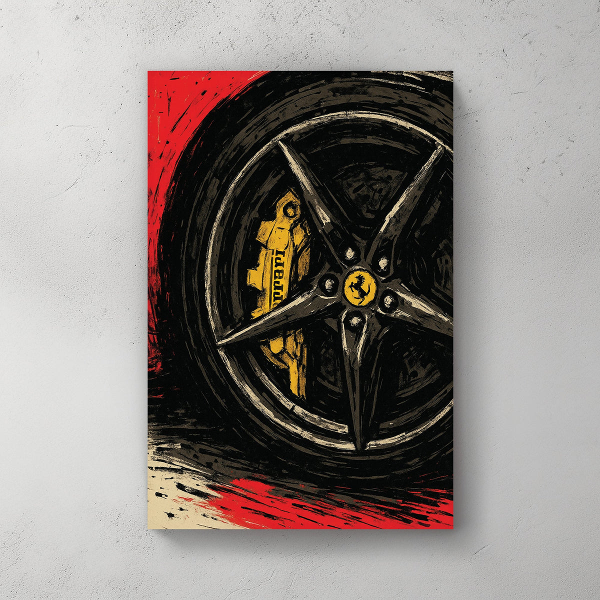 Ferrari brake and rim close-up wall art in bold red, black and yellow