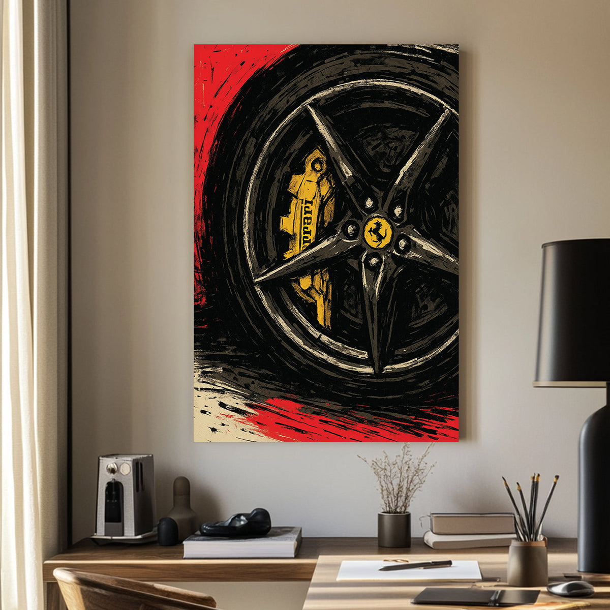 Ferrari brake and rim close-up wall art in bold red, black and yellow