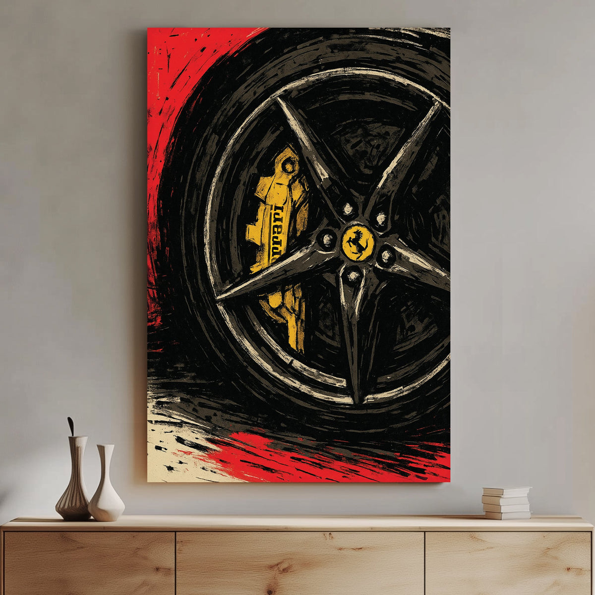 Ferrari brake and rim close-up wall art in bold red, black and yellow