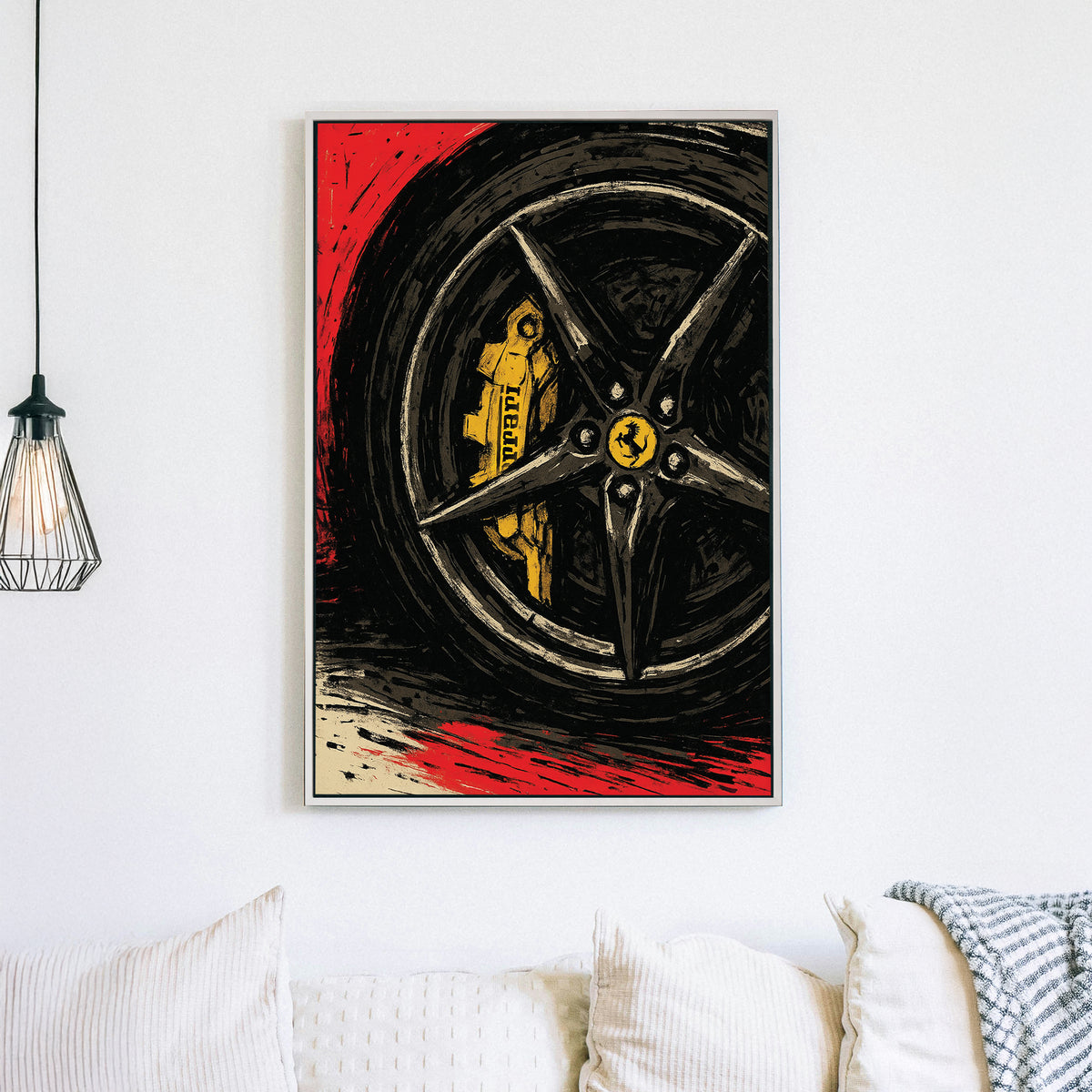 Ferrari brake and rim close-up wall art in bold red, black and yellow