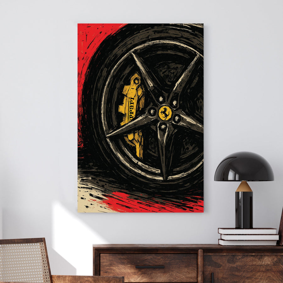 Ferrari brake and rim close-up wall art in bold red, black and yellow