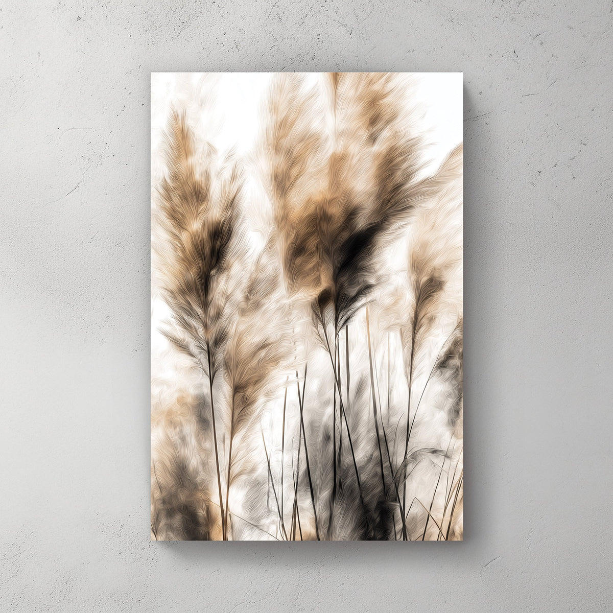 Neutral pampas grass wall art with light beige and black brush textures