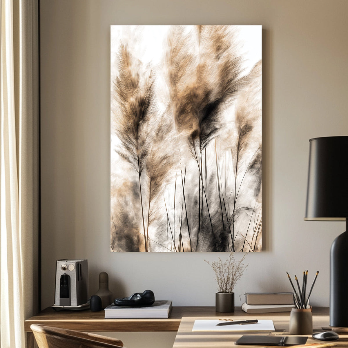 Neutral pampas grass wall art with light beige and black brush textures