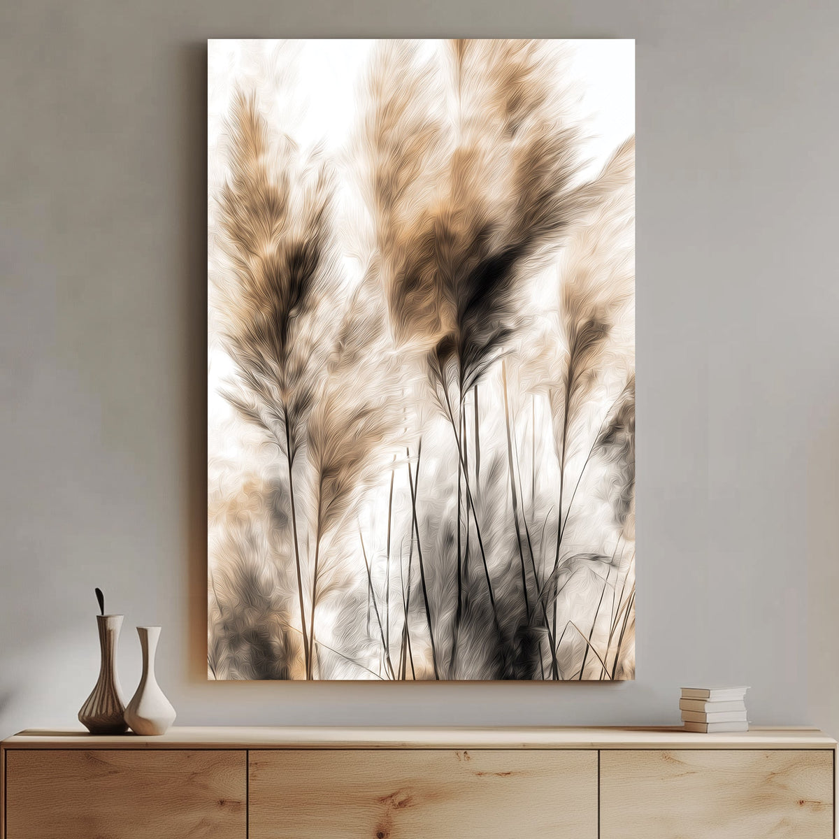 Neutral pampas grass wall art with light beige and black brush textures