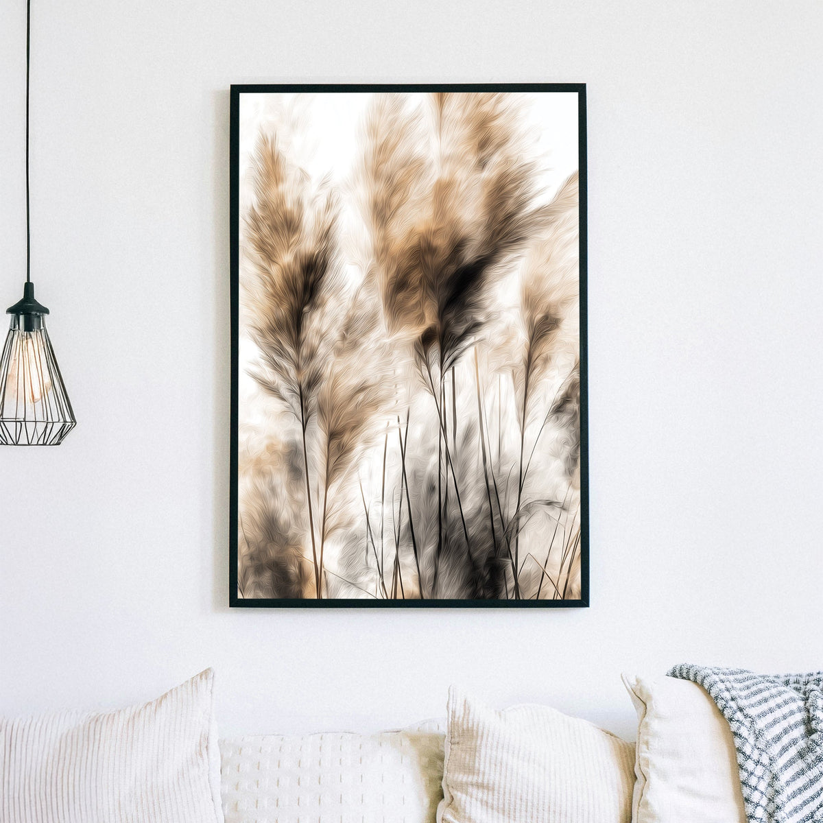 Neutral pampas grass wall art with light beige and black brush textures
