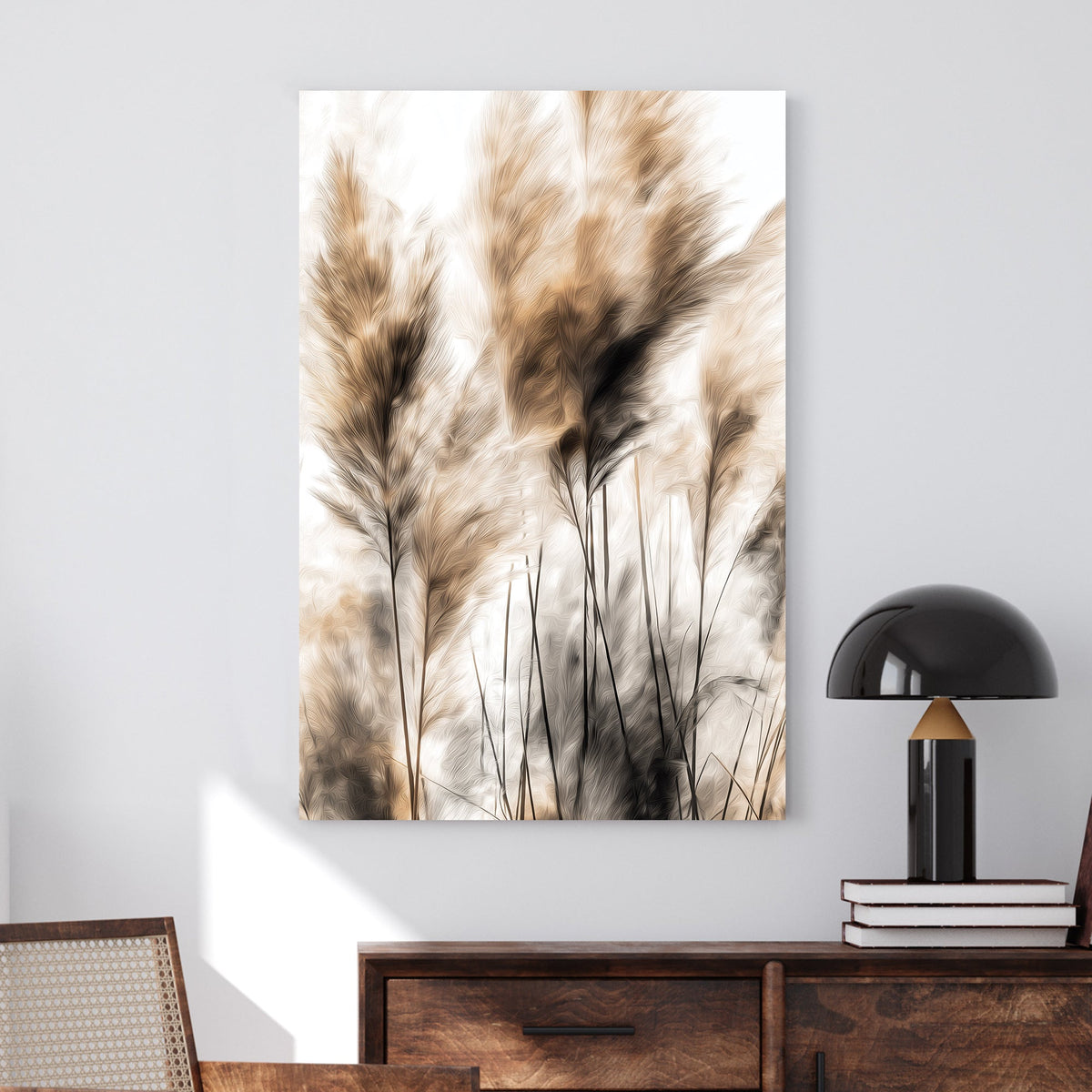 Neutral pampas grass wall art with light beige and black brush textures