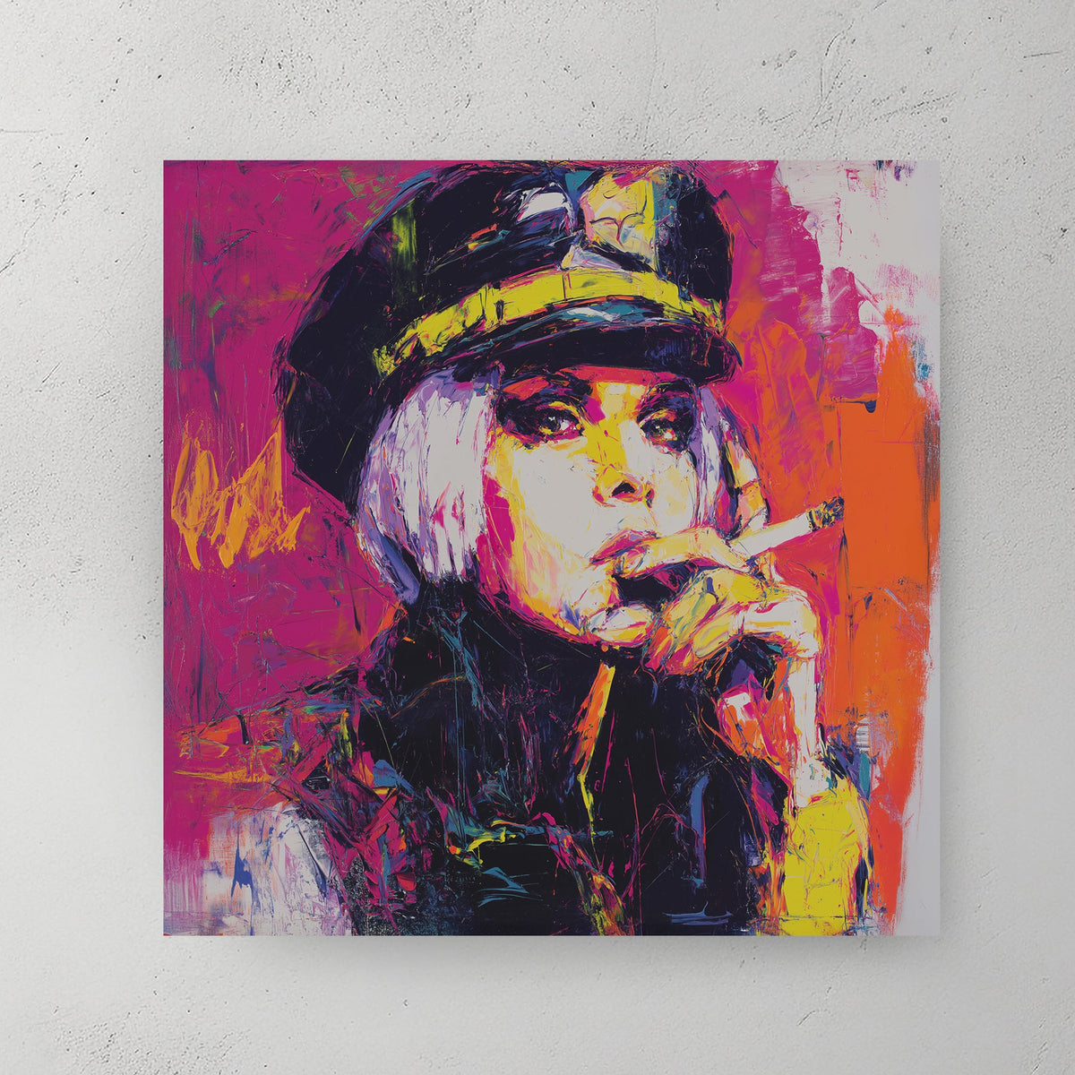neon pop wall art of woman smoking in bold pink, orange and yellow paint strokes