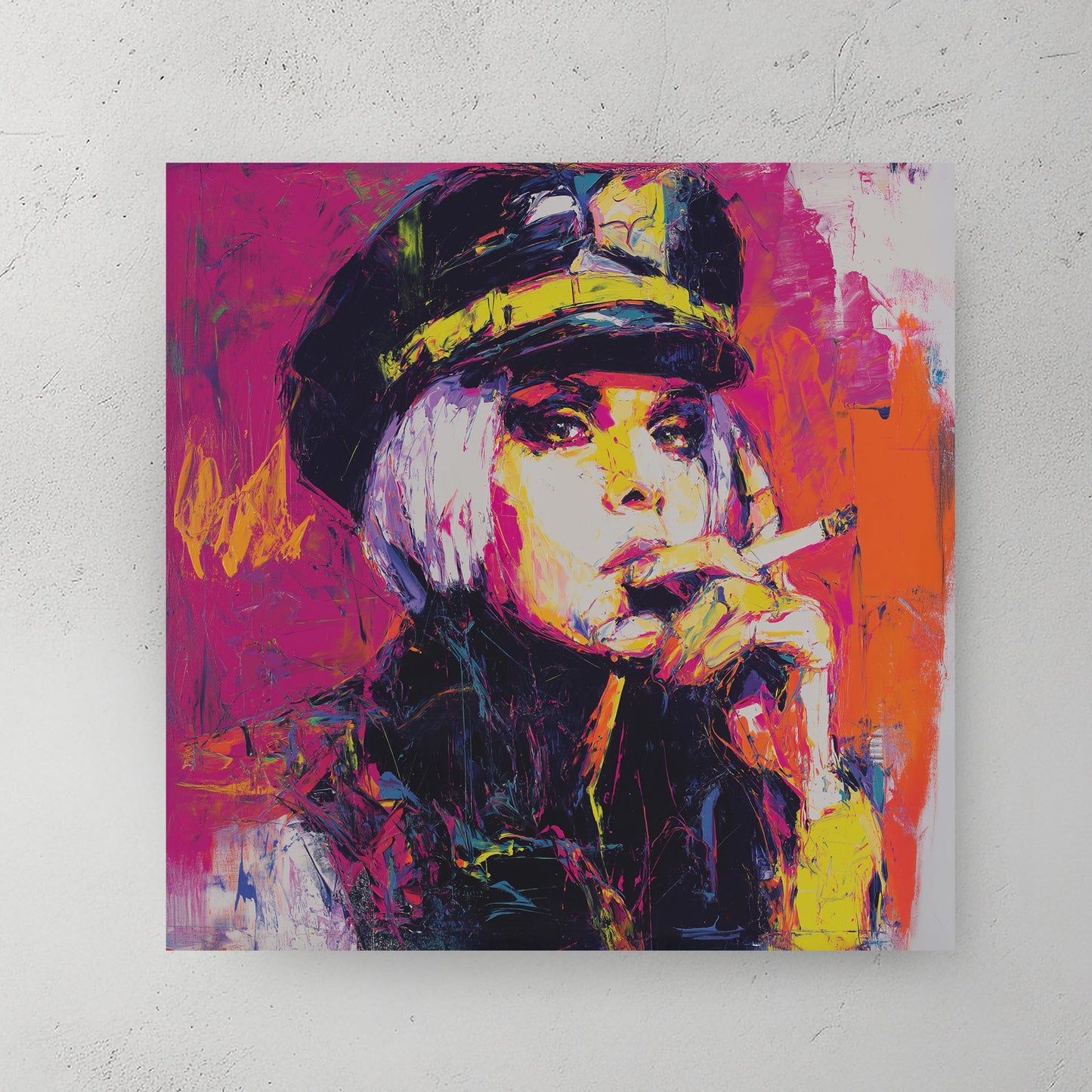 neon pop wall art of woman smoking in bold pink, orange and yellow paint strokes