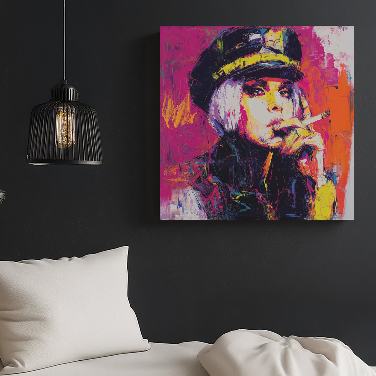 neon pop wall art of woman smoking in bold pink, orange and yellow paint strokes