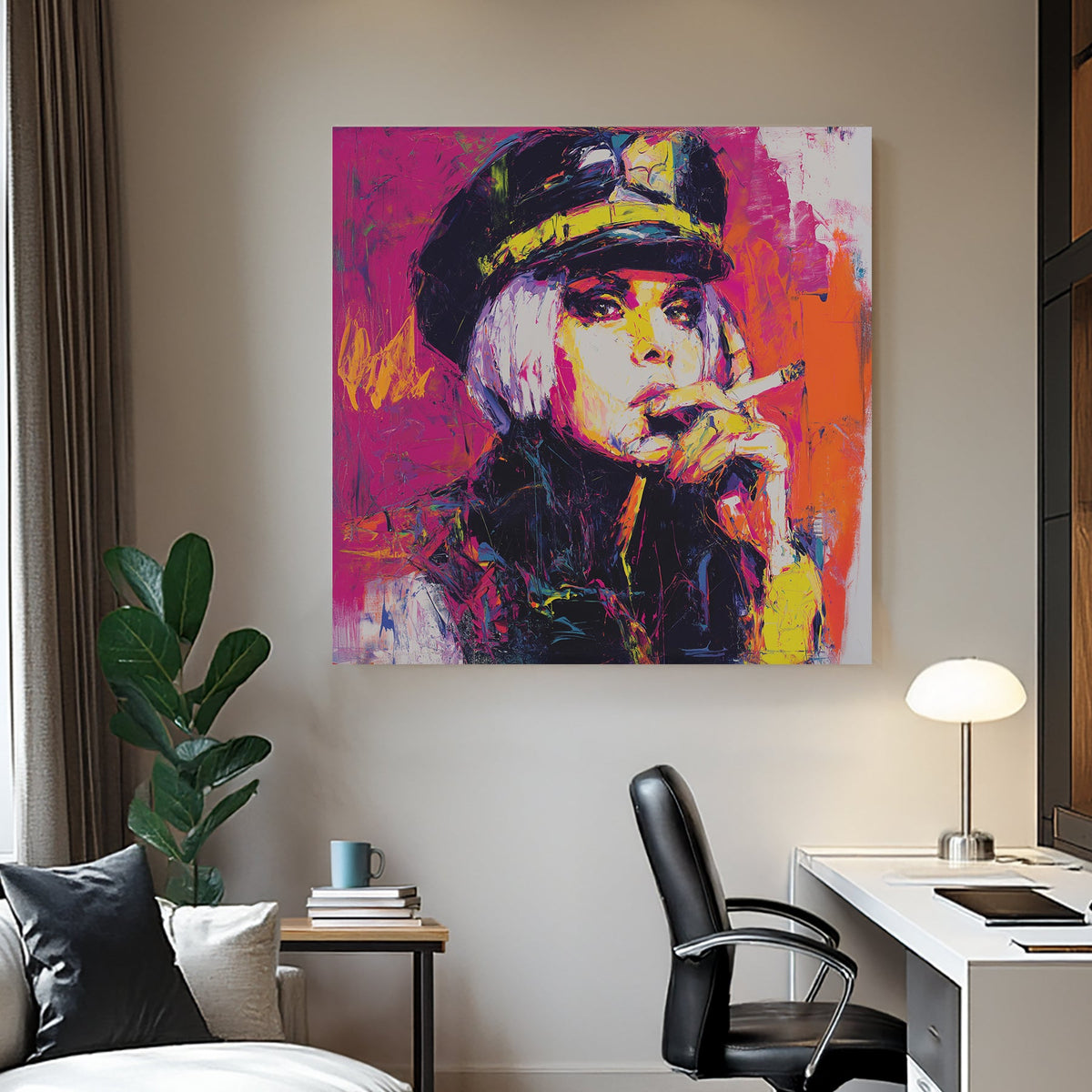 neon pop wall art of woman smoking in bold pink, orange and yellow paint strokes