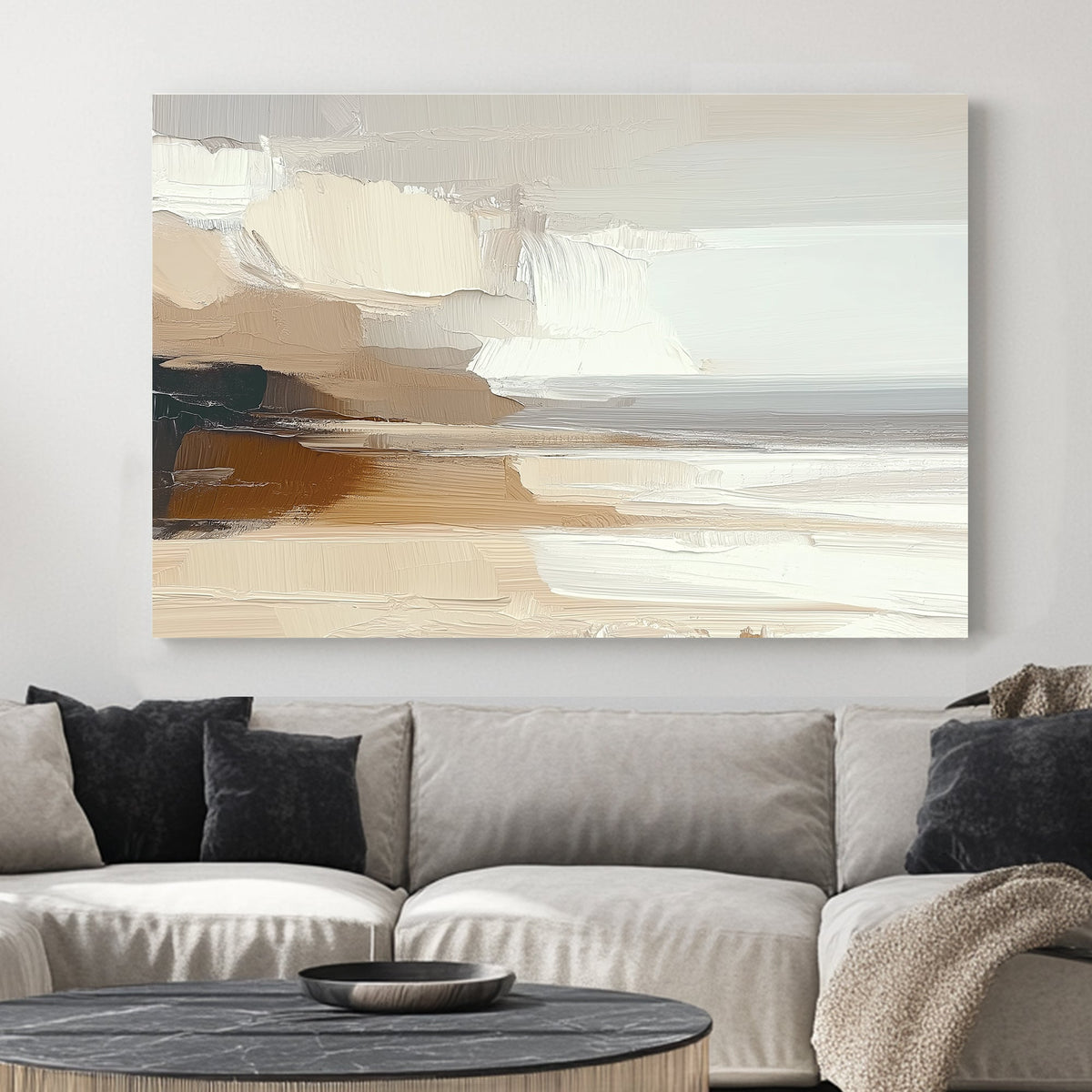 neutral coastal abstract wall art with textured brushstrokes and earthy tones