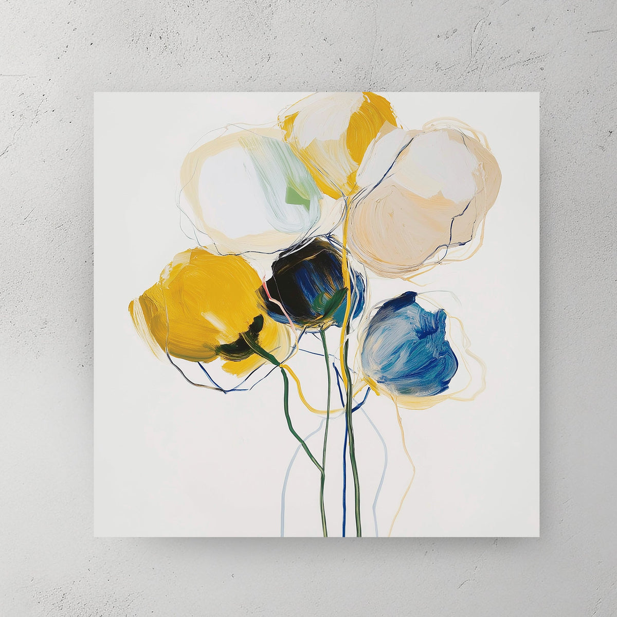 modern floral wall art with yellow and blue abstract flowers on white background