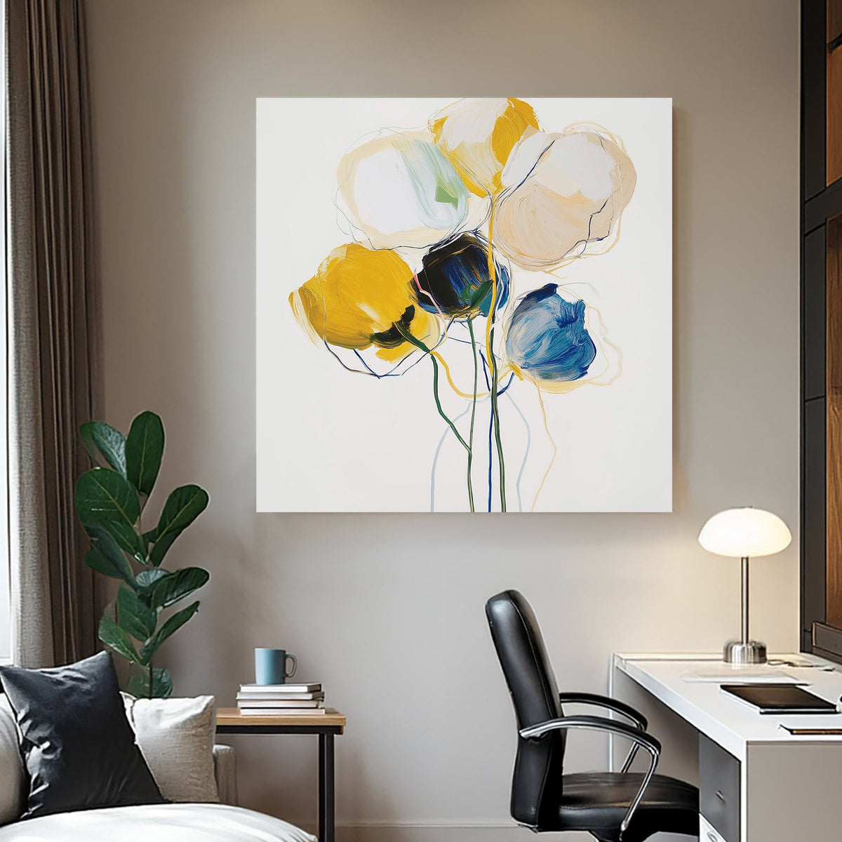 modern floral wall art with yellow and blue abstract flowers on white background