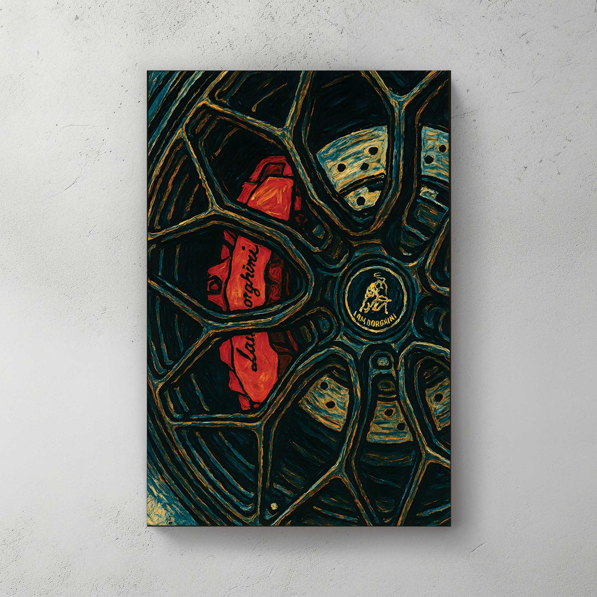 Lamborghini brake and wheel wall art in red, black, and blue tones