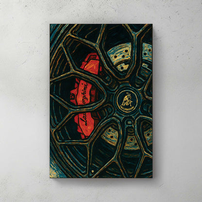 Lamborghini brake and wheel wall art in red, black, and blue tones