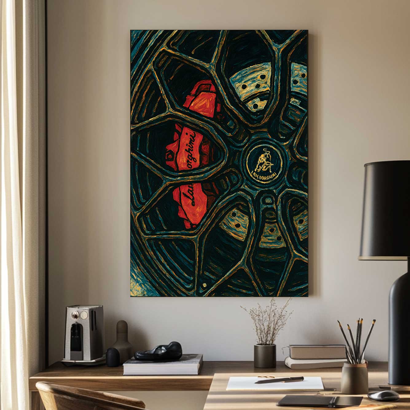 Lamborghini brake and wheel wall art in red, black, and blue tones
