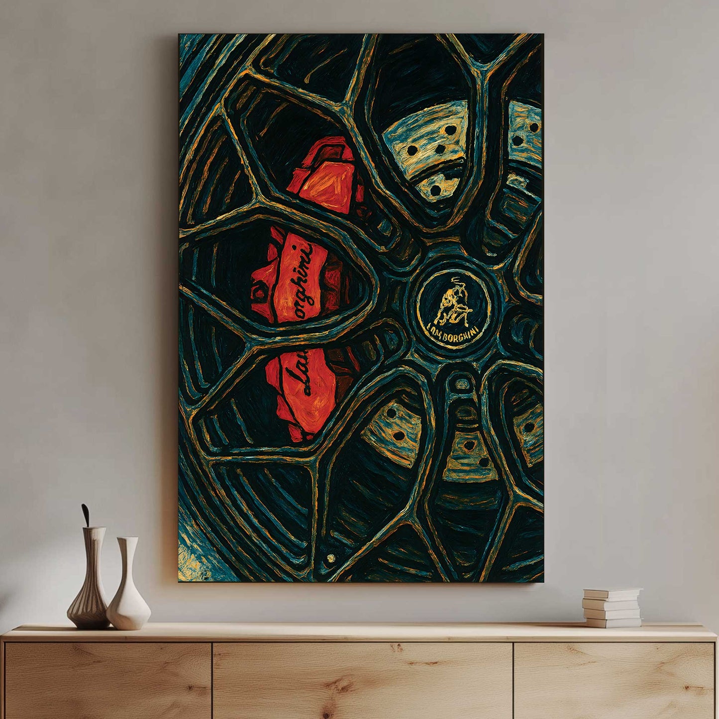 Lamborghini brake and wheel wall art in red, black, and blue tones