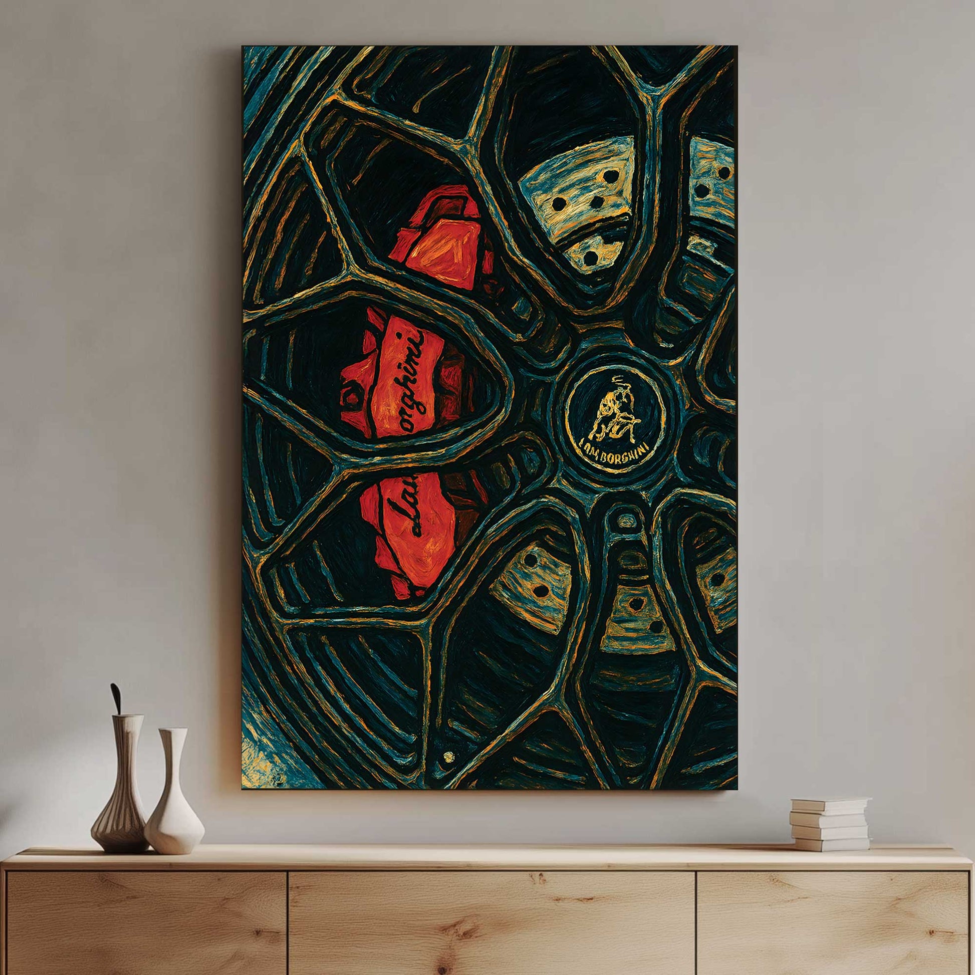 Lamborghini brake and wheel wall art in red, black, and blue tones