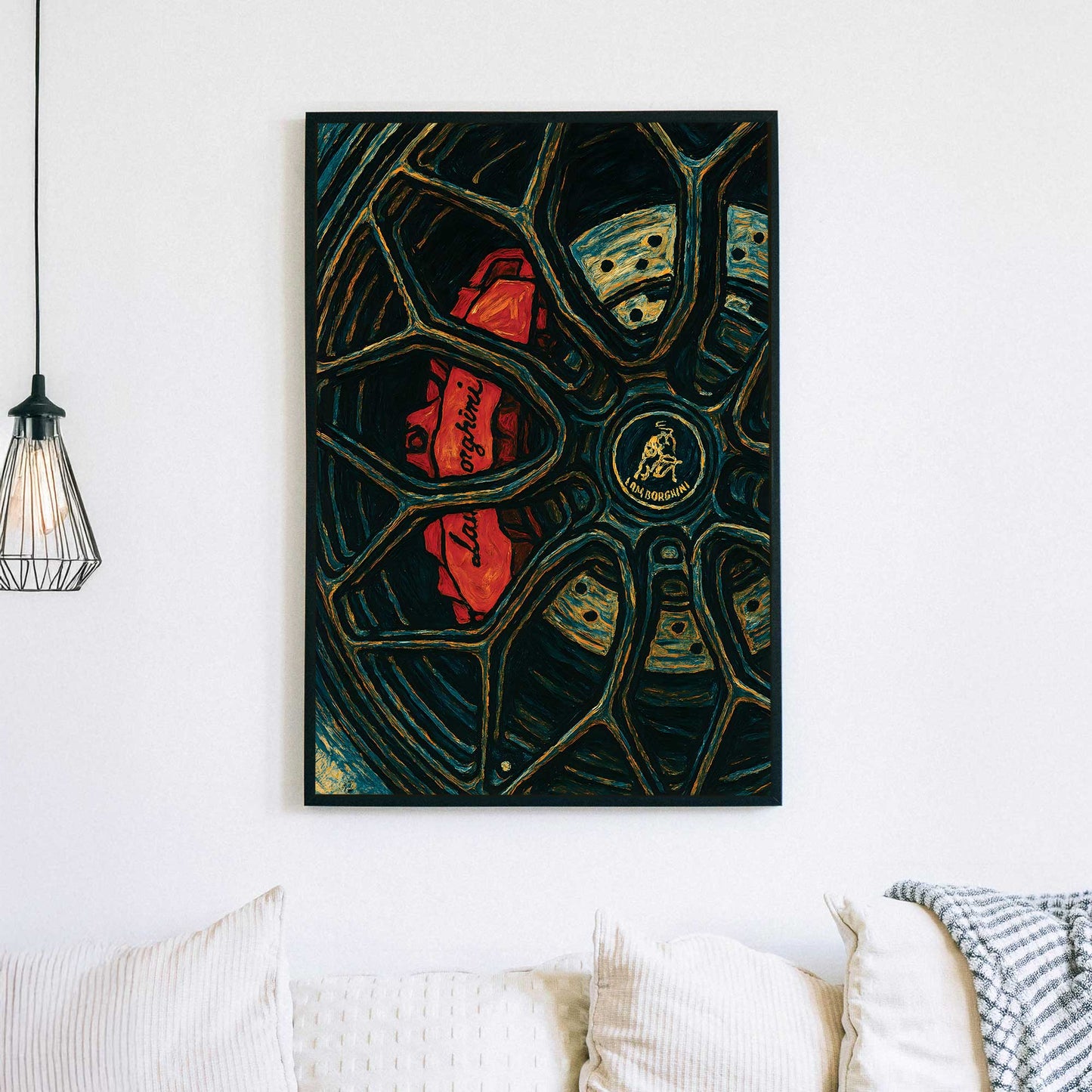 Lamborghini brake and wheel wall art in red, black, and blue tones