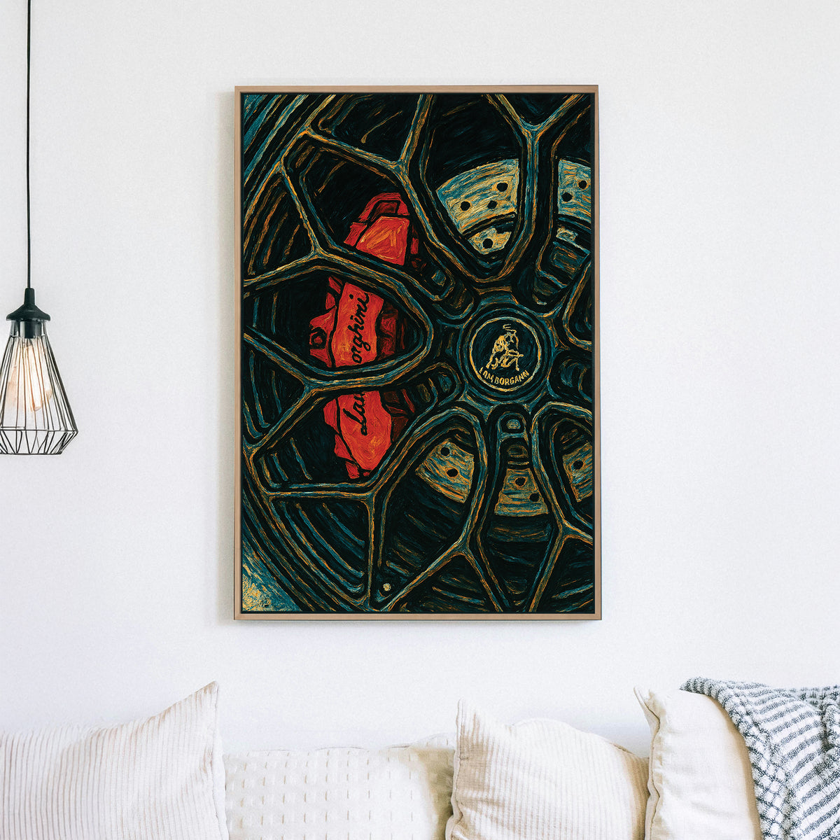 Lamborghini brake and wheel wall art in red, black, and blue tones