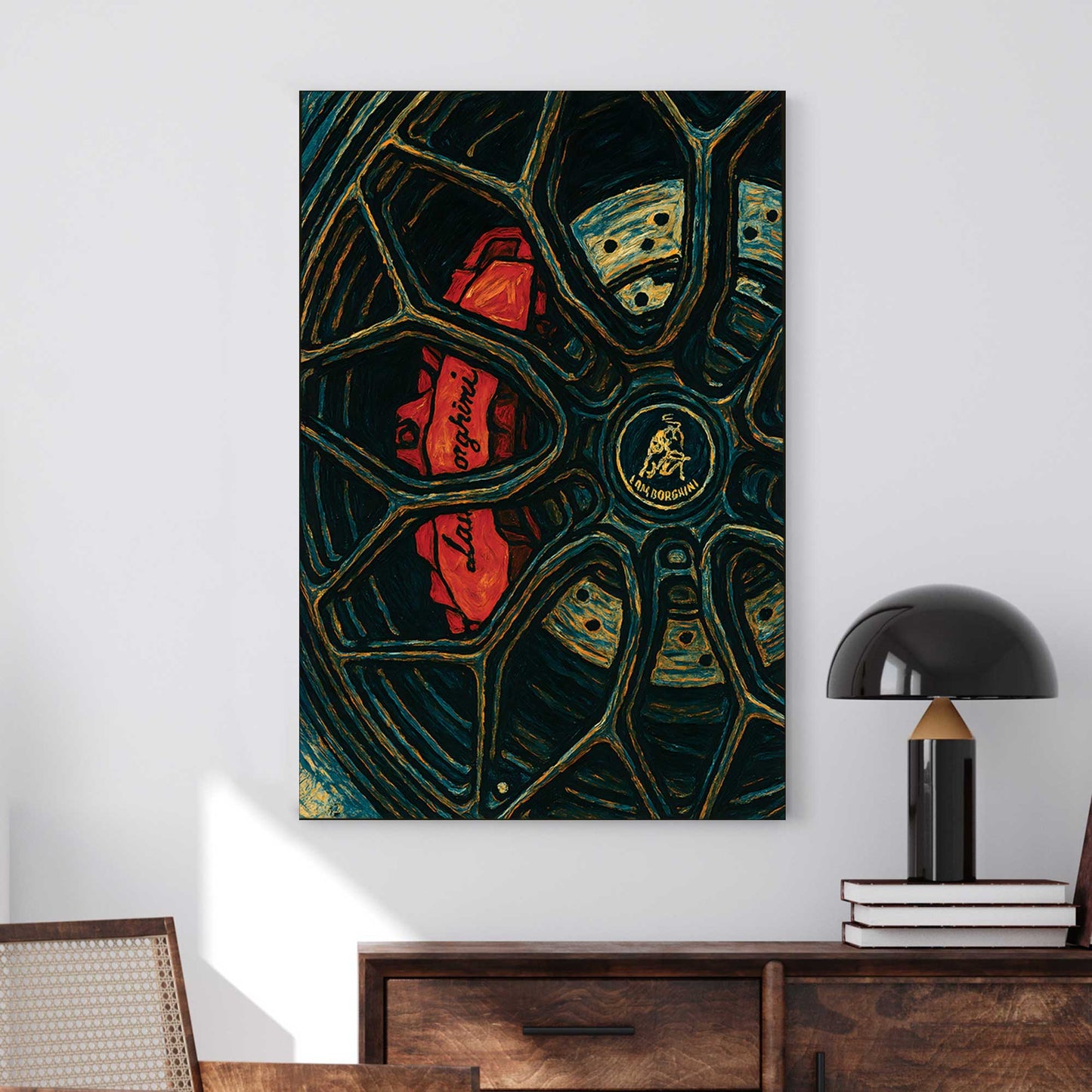 Lamborghini brake and wheel wall art in red, black, and blue tones