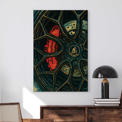 Lamborghini brake and wheel wall art in red, black, and blue tones