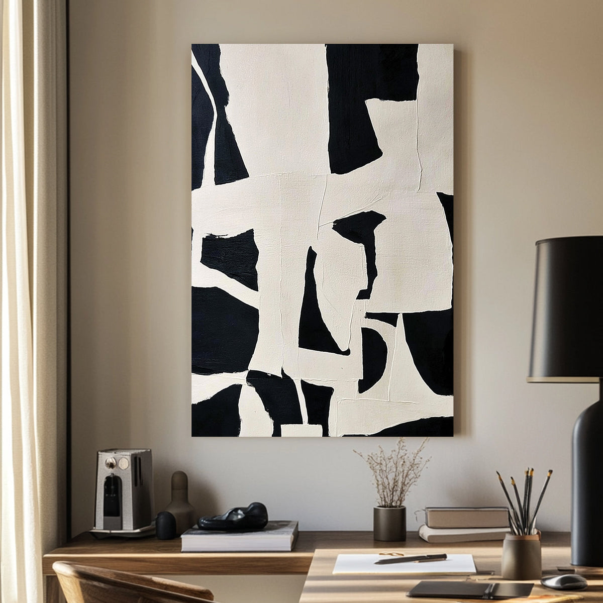 Abstract black and white wall art with geometric shapes and modern design