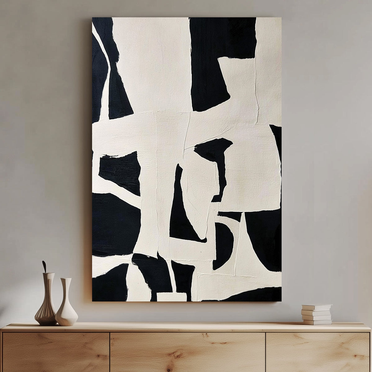 Abstract black and white wall art with geometric shapes and modern design