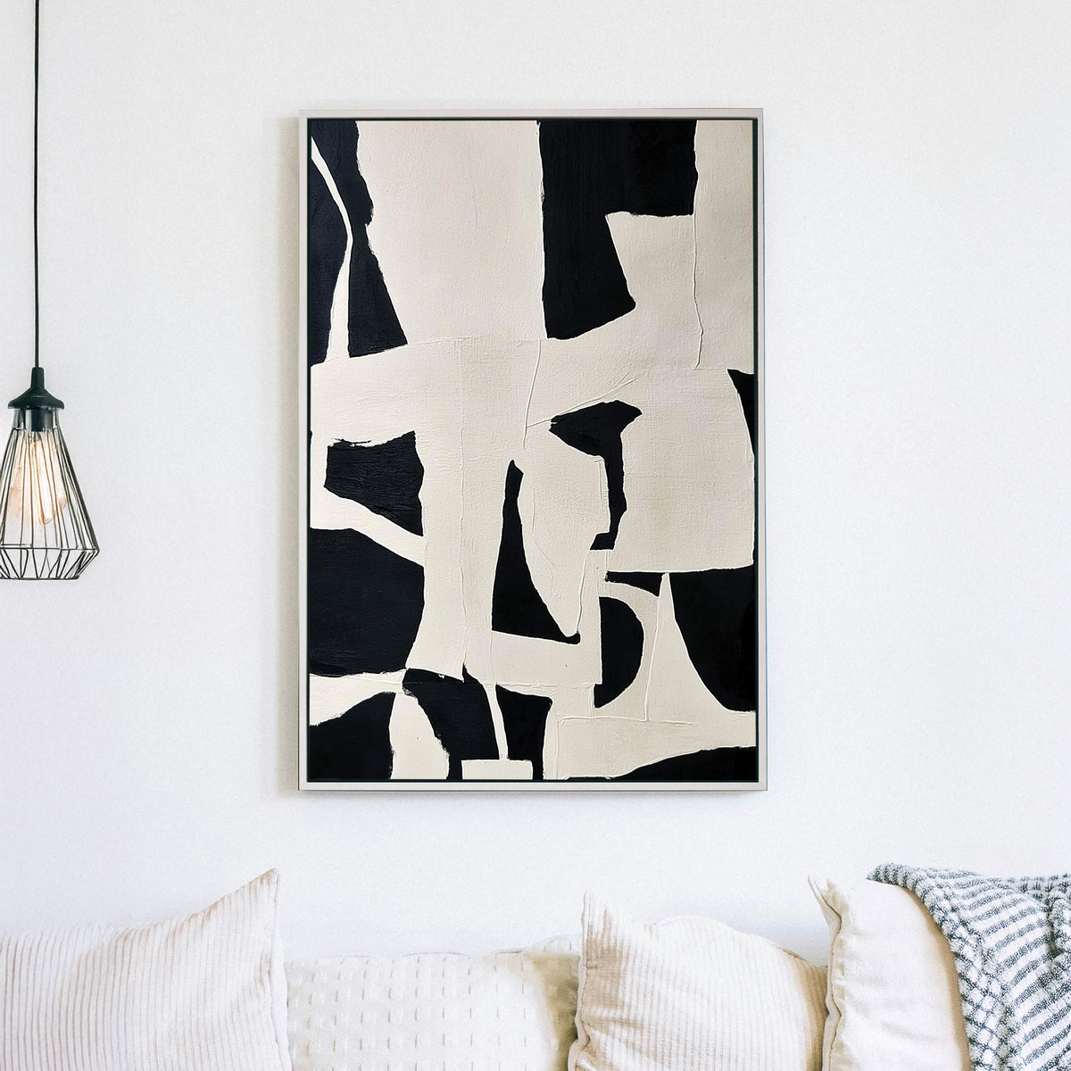 Abstract black and white wall art with geometric shapes and modern design