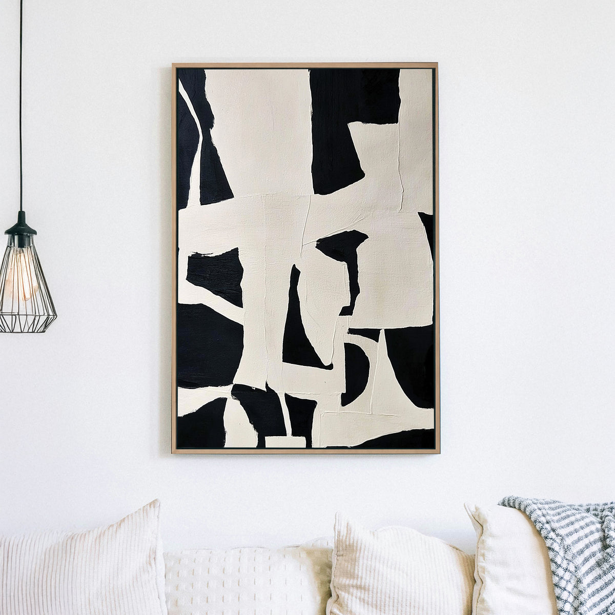 Abstract black and white wall art with geometric shapes and modern design