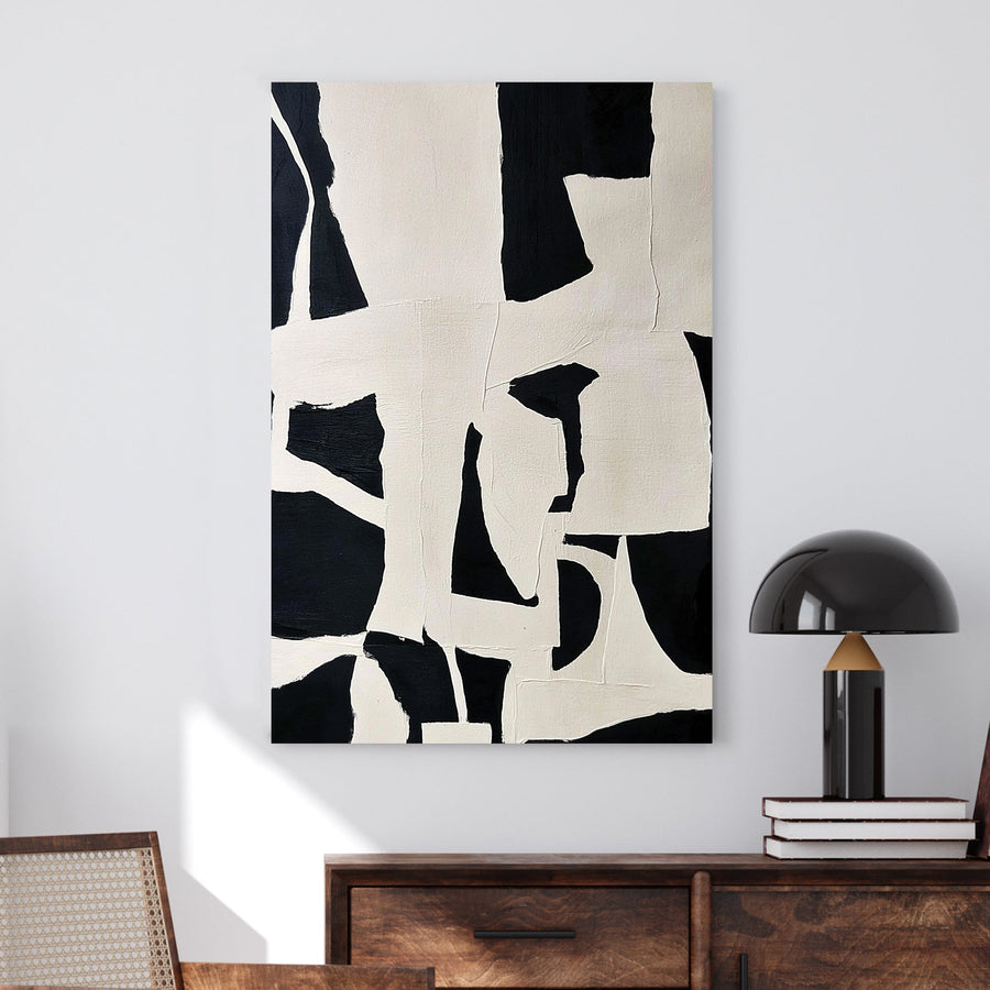 Abstract black and white wall art with geometric shapes and modern design