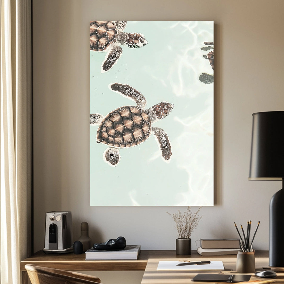Minimalist sea turtle wall art floating in pastel ocean water