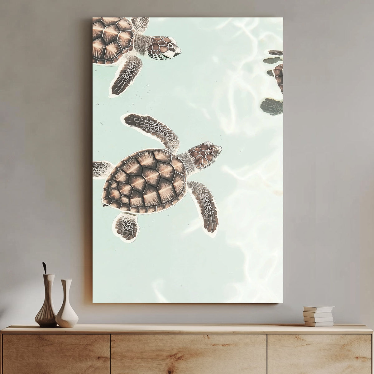 Minimalist sea turtle wall art floating in pastel ocean water