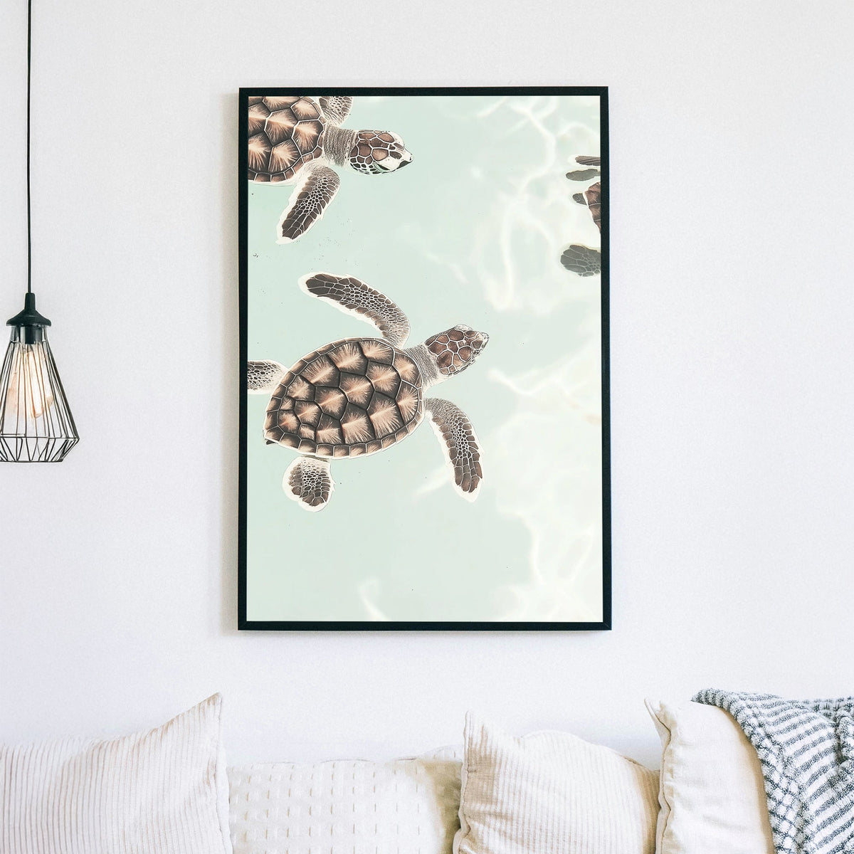 Minimalist sea turtle wall art floating in pastel ocean water