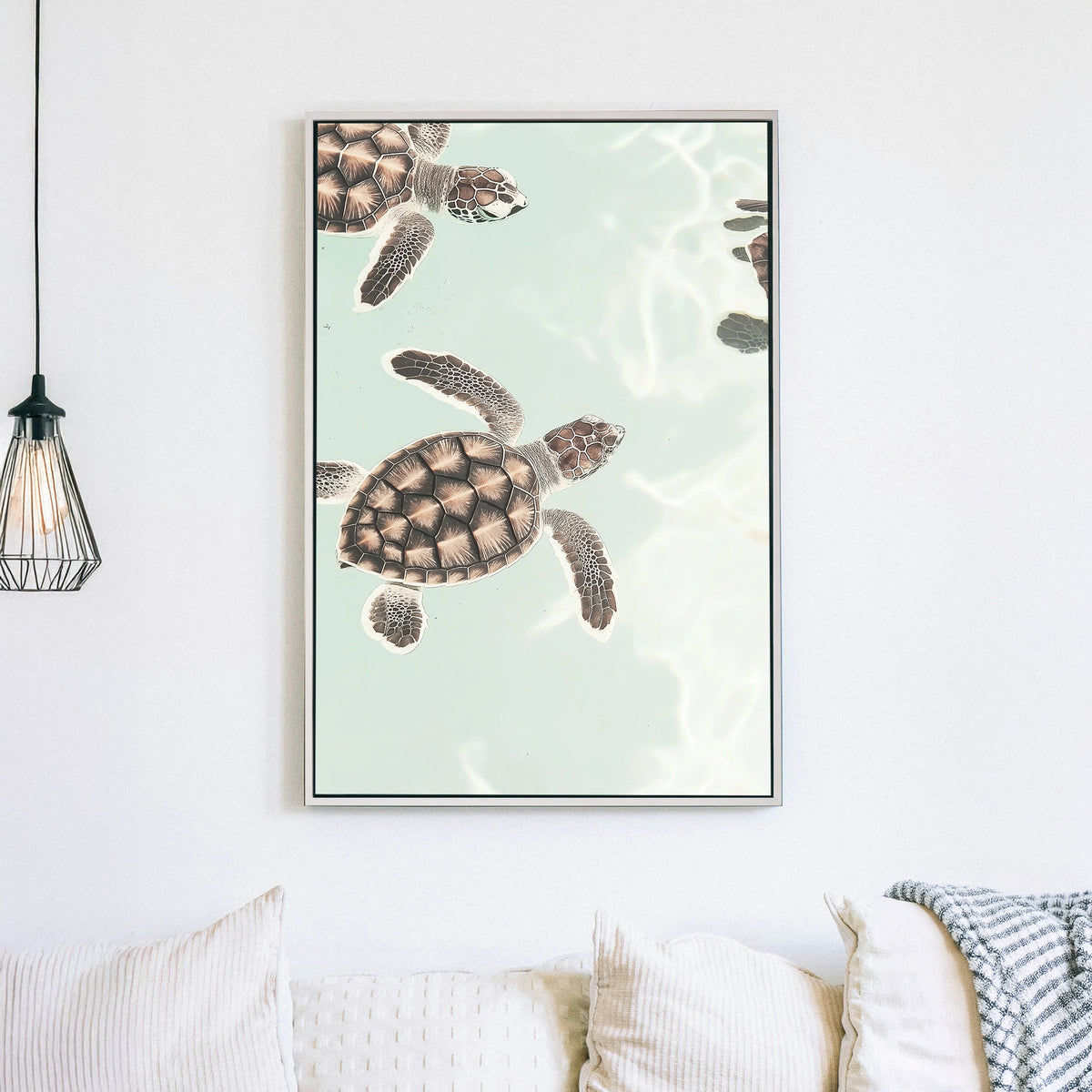 Minimalist sea turtle wall art floating in pastel ocean water