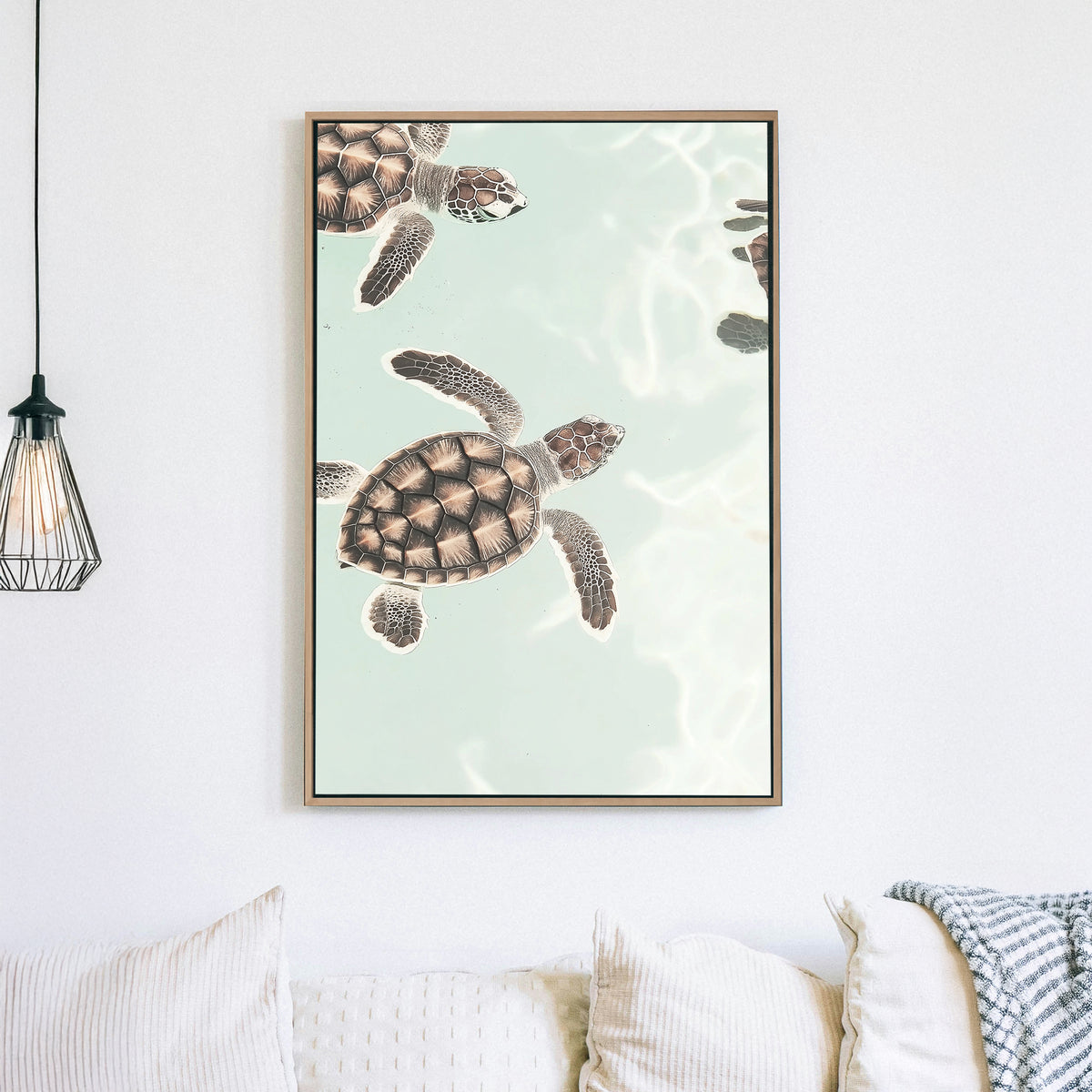 Minimalist sea turtle wall art floating in pastel ocean water