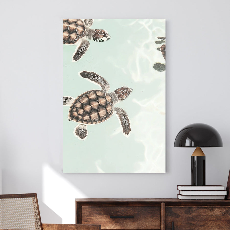 Minimalist sea turtle wall art floating in pastel ocean water