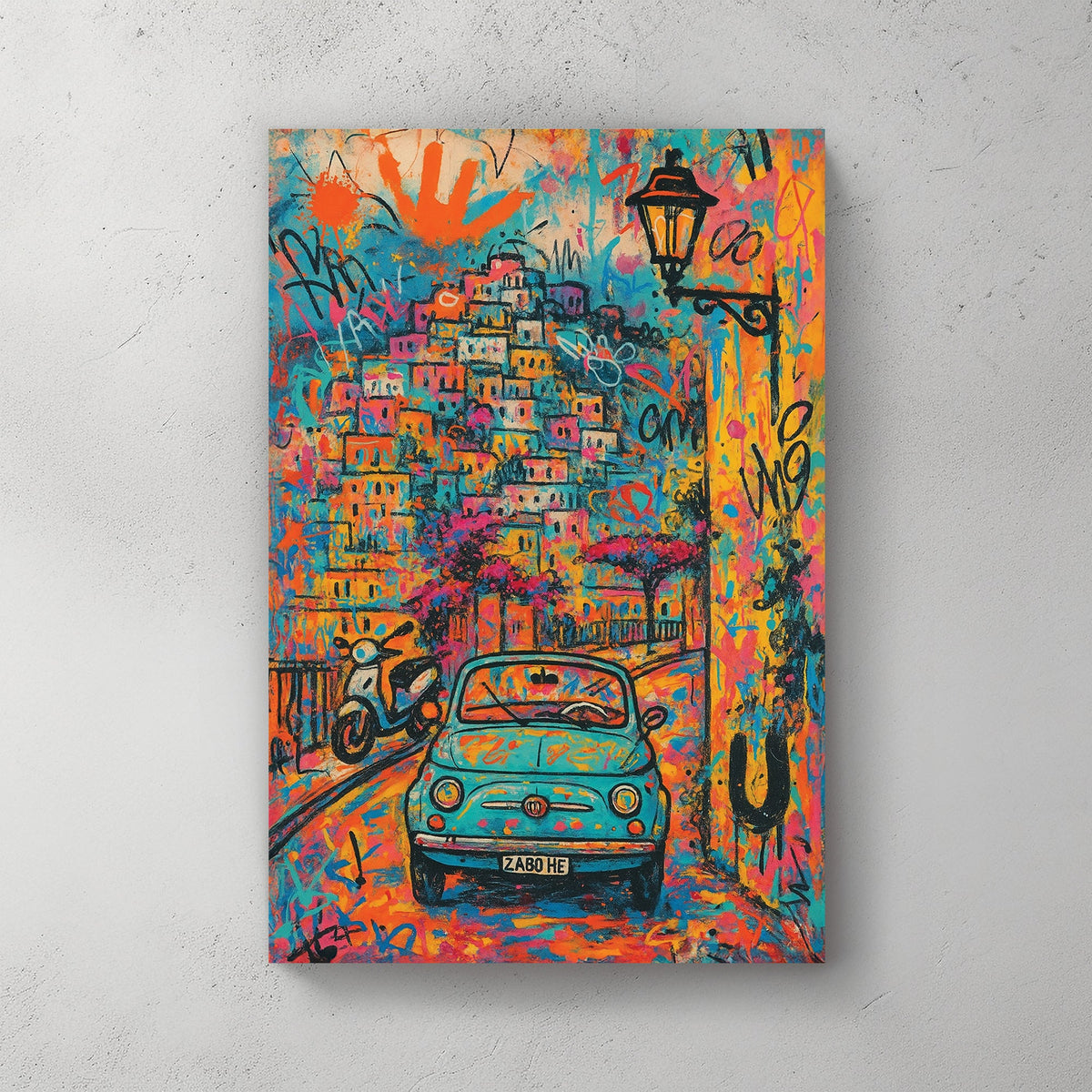 Colourful graffiti-style Positano wall art with vintage Fiat and cityscape