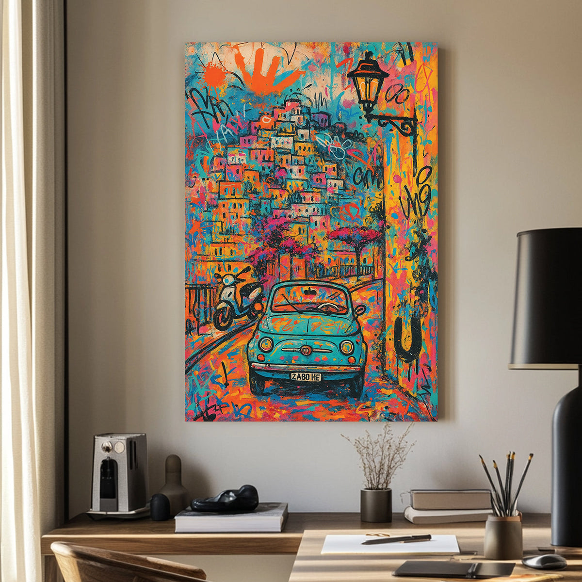 Colourful graffiti-style Positano wall art with vintage Fiat and cityscape