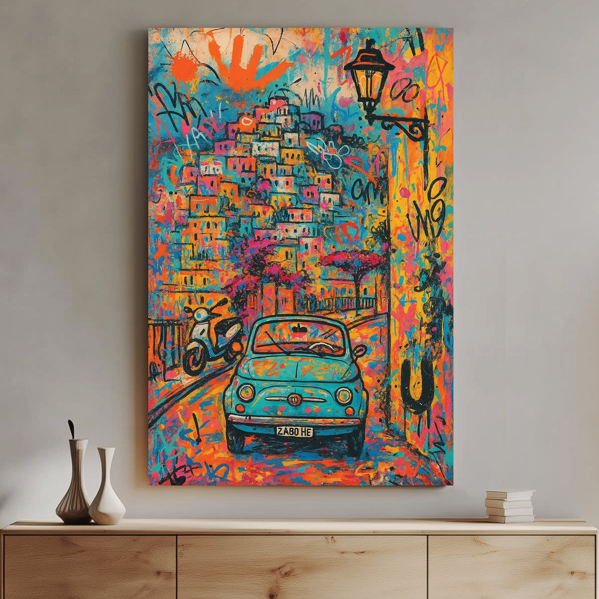 Colourful graffiti-style Positano wall art with vintage Fiat and cityscape
