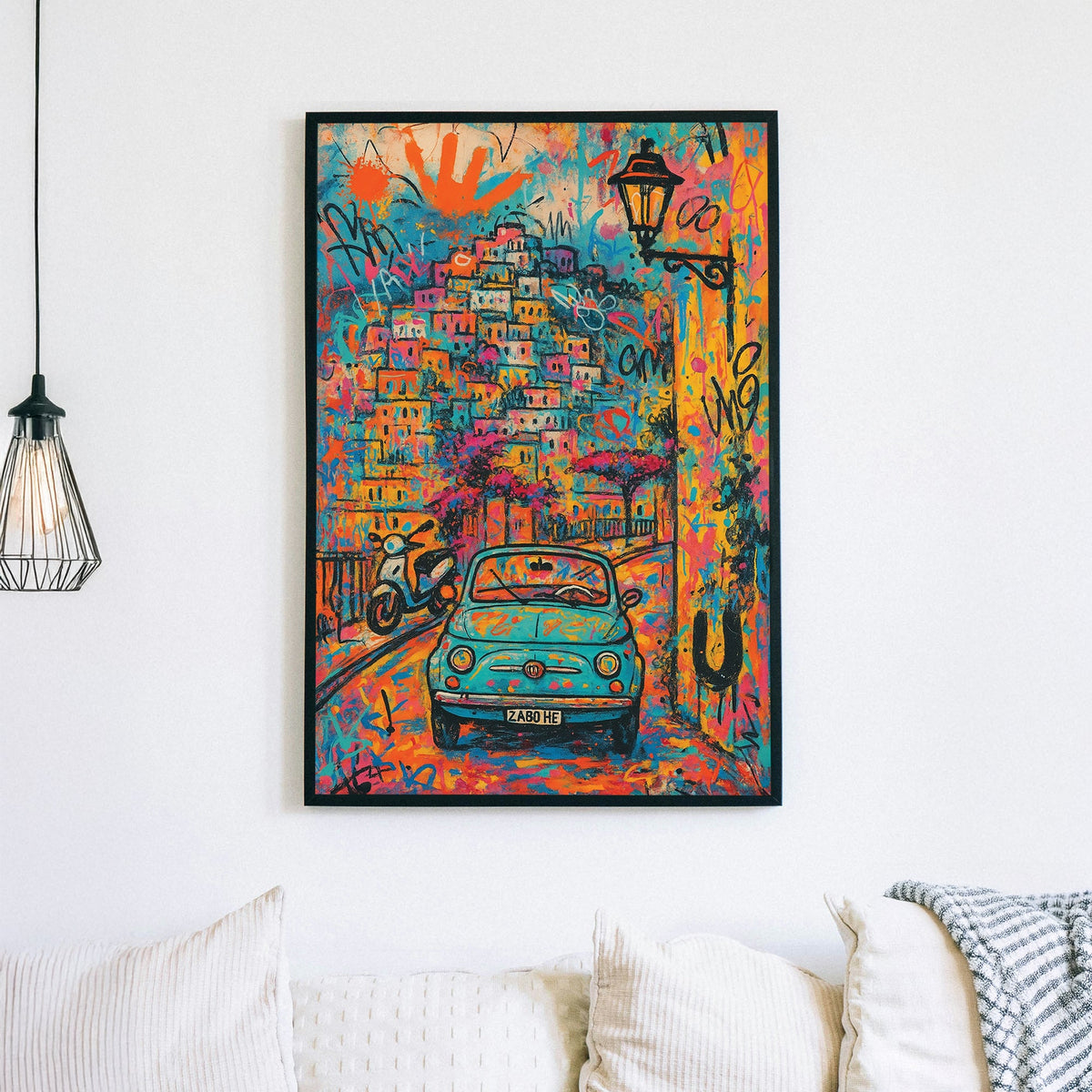 Colourful graffiti-style Positano wall art with vintage Fiat and cityscape