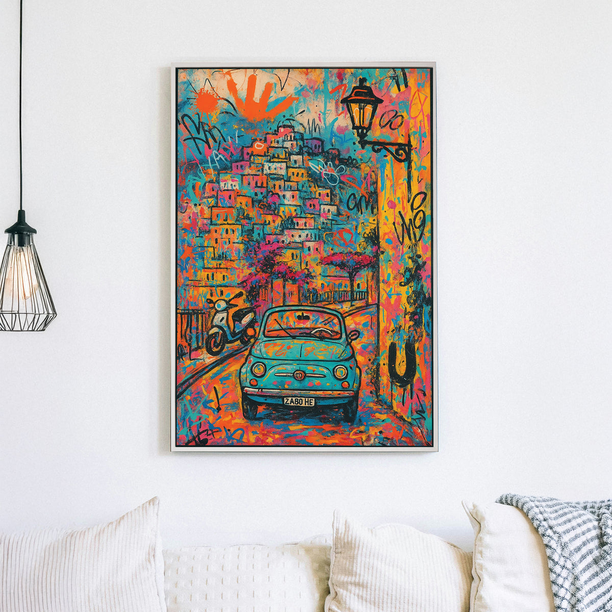 Colourful graffiti-style Positano wall art with vintage Fiat and cityscape