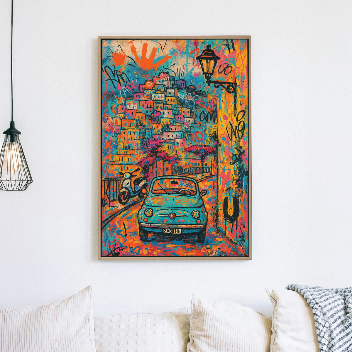 Colourful graffiti-style Positano wall art with vintage Fiat and cityscape