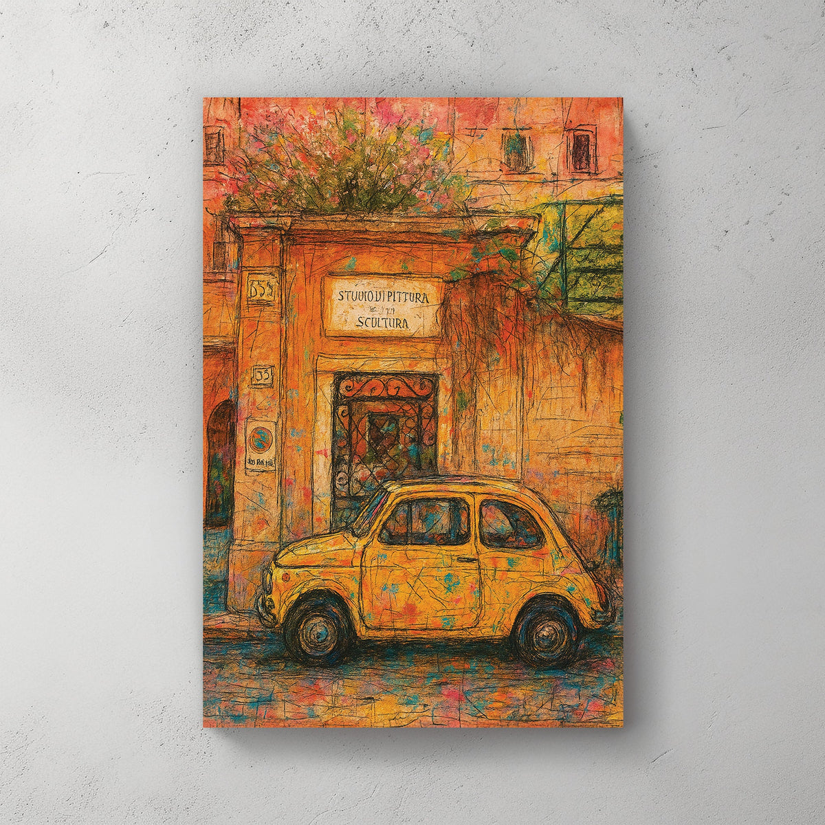 Italian street scene wall art with yellow Fiat parked by art studio