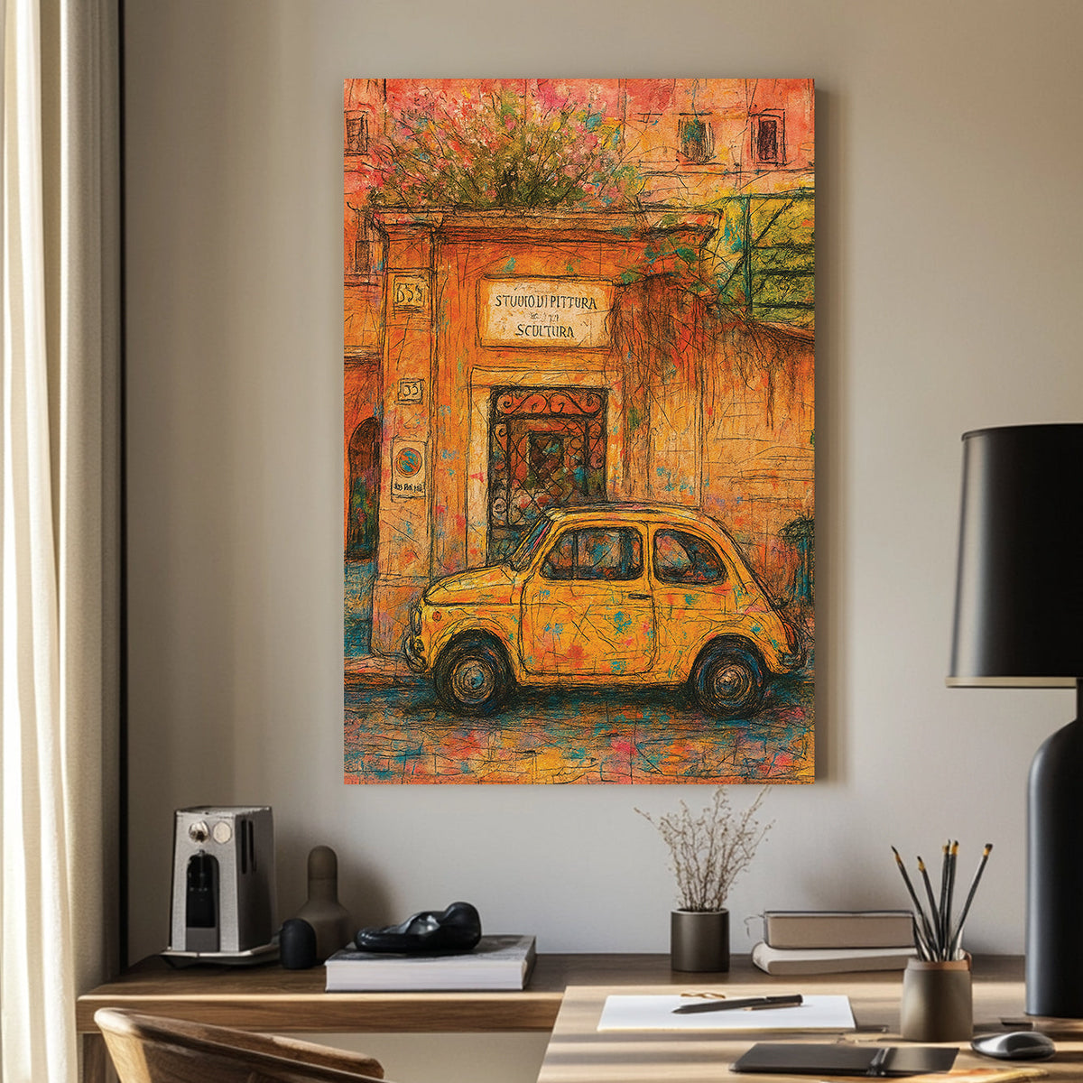 Italian street scene wall art with yellow Fiat parked by art studio