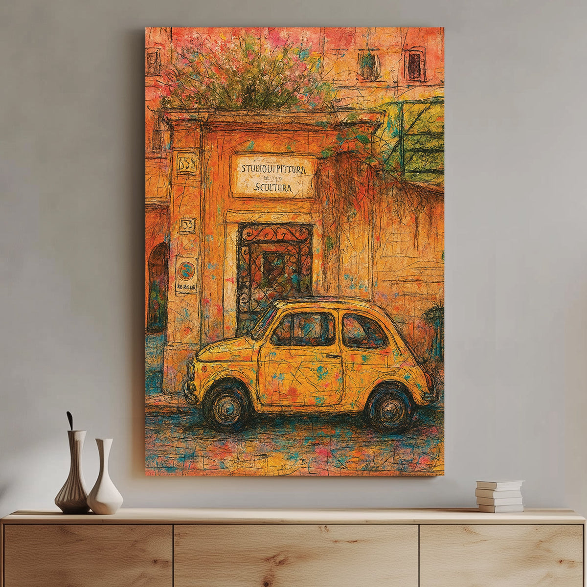 Italian street scene wall art with yellow Fiat parked by art studio